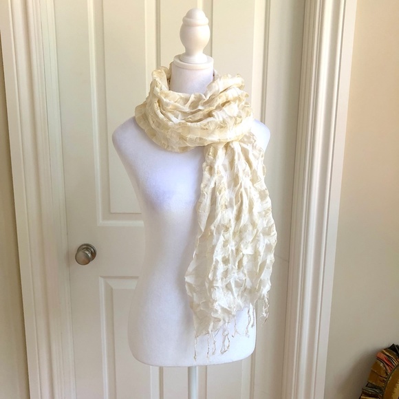 Anthropologie Accessories - Anthropologie Metallic Gold and Ivory Lightweight Checked Scarf with Fringe